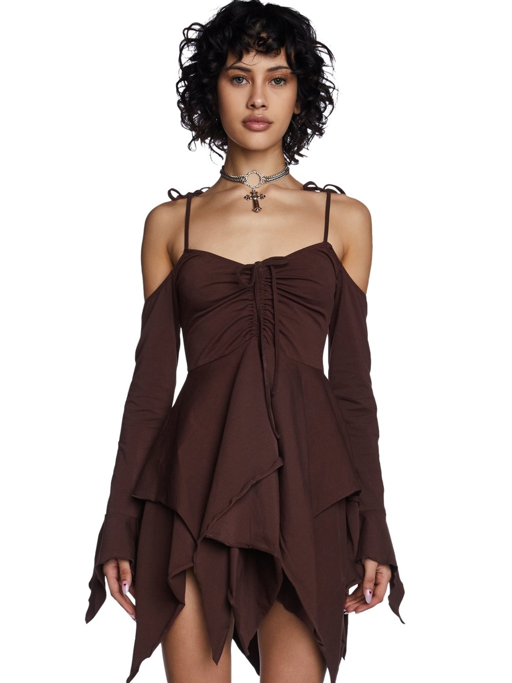 DollsKill F is for Fairies Brown Cold-Shoulder Ruching Layered Mini Dress